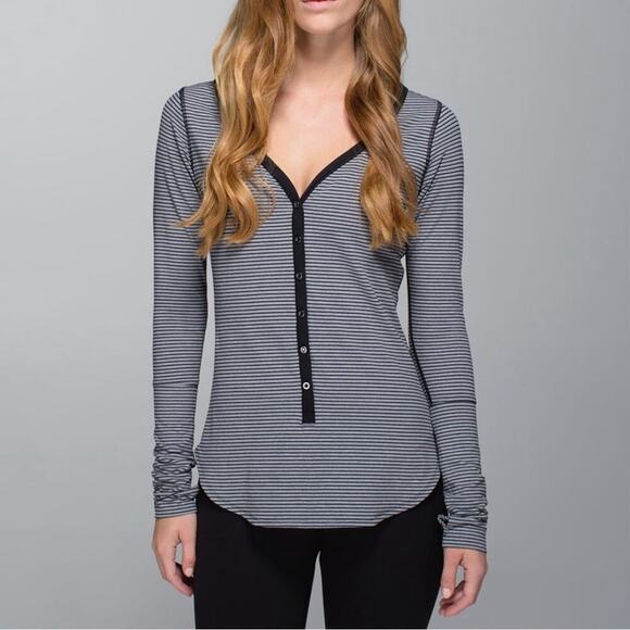 LULULEMON Awesoma Henley in Hyper Stripe Black Heathered Slate Sz. 4 - Picture 1 of 14
